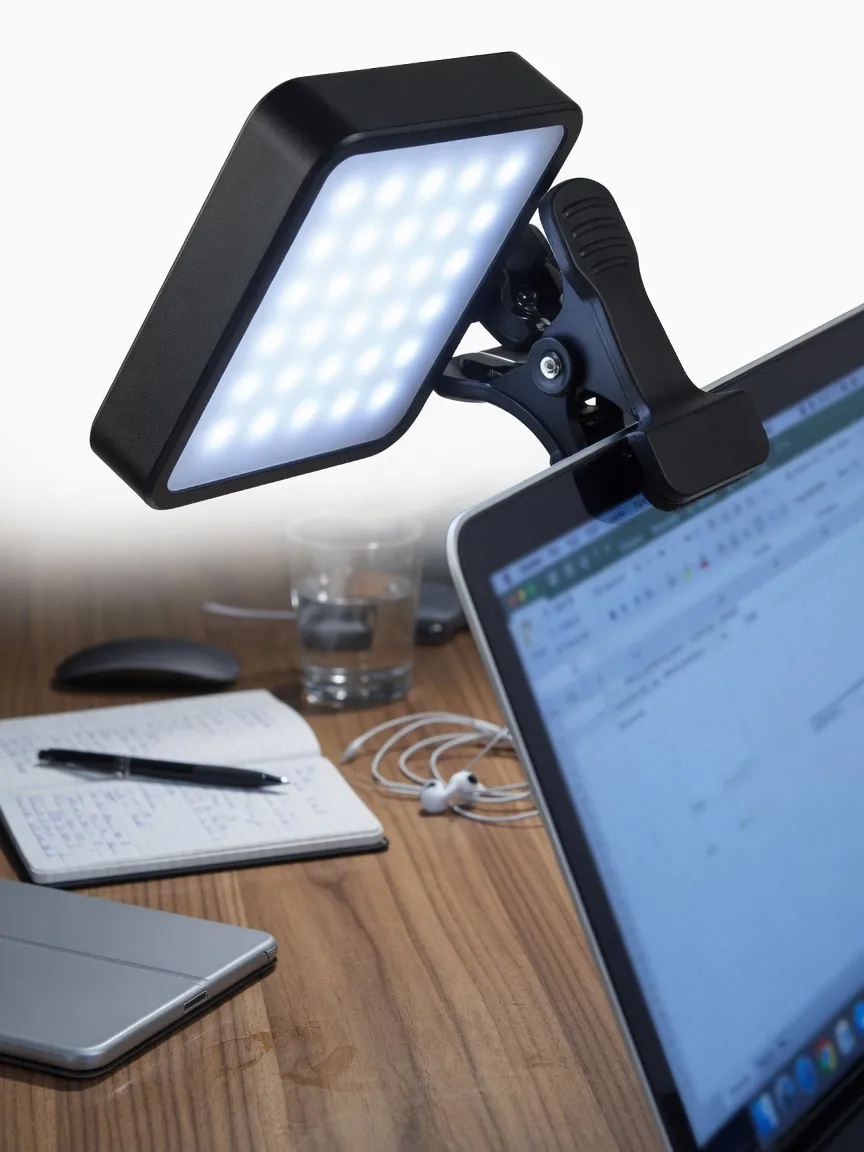 A small clip-on LED fill light clamped to a laptop lid on a desk.