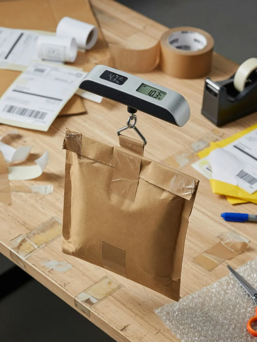 A handheld digital scale with a metal hook holding a sealed cardboard mailer on a packing table.