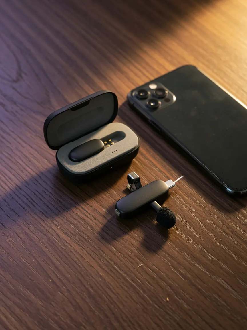 A small wireless lavalier microphone and charging case on a wood table next to a smartphone.