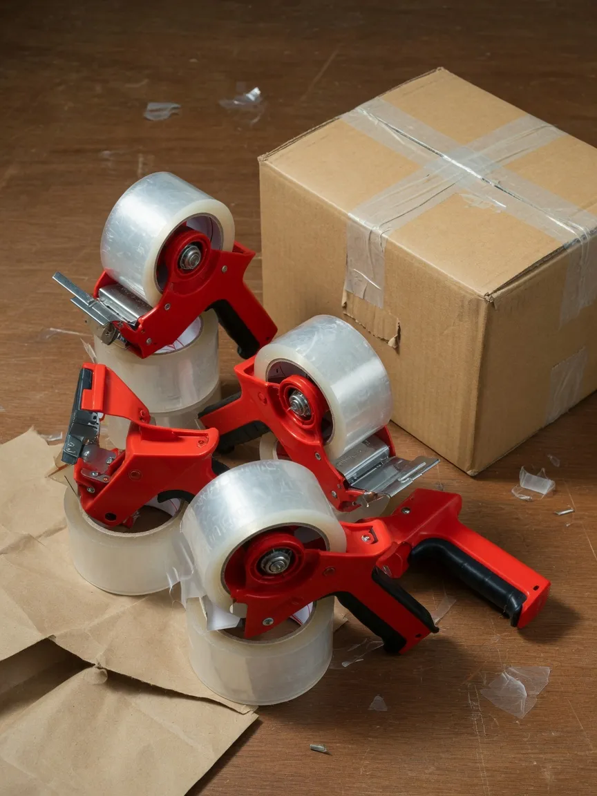 Clear packing tape rolls with red handheld dispensers stacked on a packing table next to a sealed box.