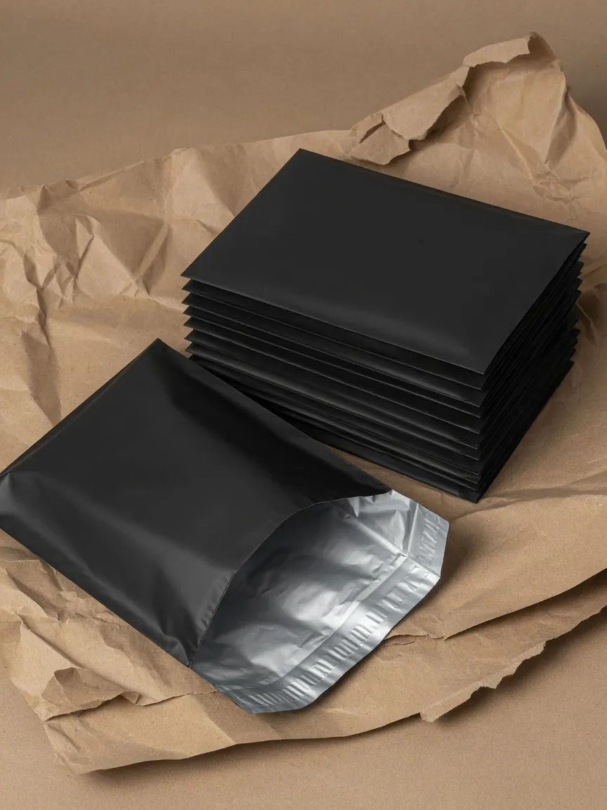 A stack of opaque matte black poly mailer bags on kraft paper, one opened to show the silver interior.