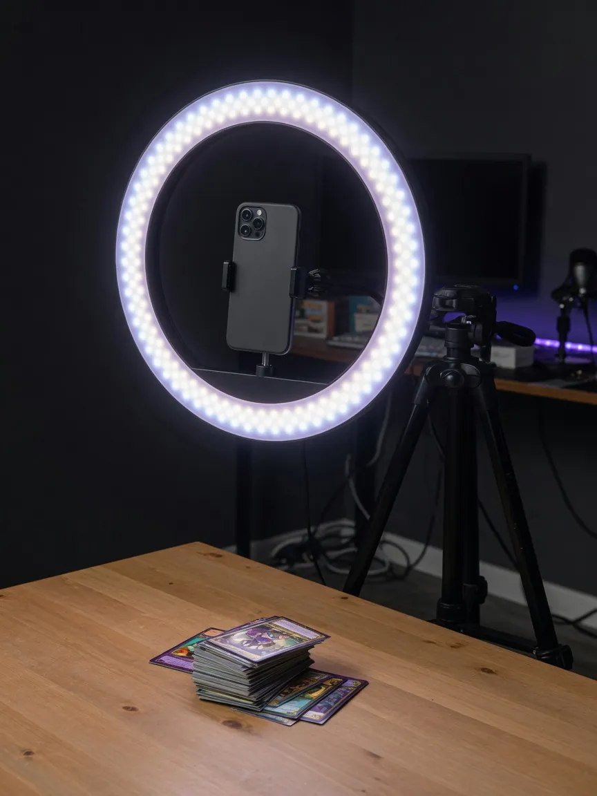 A 12-inch LED ring light on a tripod with a phone mounted in the center, on a desk next to a small stack of cards.